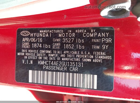 KMHCT4AE2GU135131 2016 HYUNDAI ACCENT Red Շարժիչի բաժամունքի տեսք