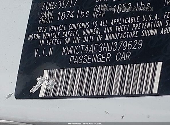 KMHCT4AE3HU379629 2017 HYUNDAI ACCENT White Widok komory silnika