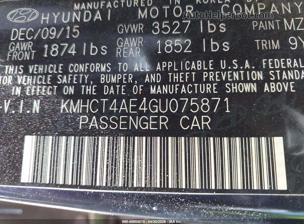 KMHCT4AE4GU075871 2016 HYUNDAI ACCENT Black Widok komory silnika