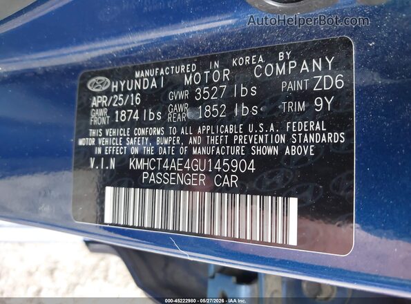 KMHCT4AE4GU145904 2016 HYUNDAI ACCENT Blue ძრავის განყოფილების ხედი