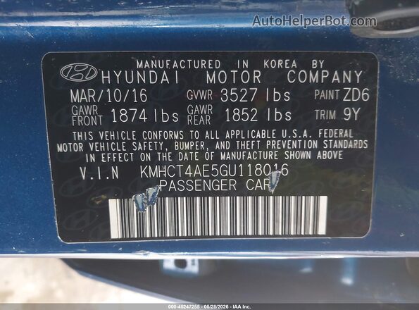 KMHCT4AE5GU118016 2016 HYUNDAI ACCENT Blue ძრავის განყოფილების ხედი