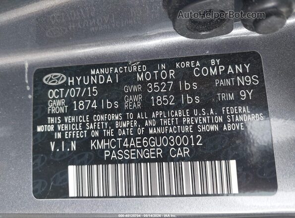 KMHCT4AE6GU030012 2016 HYUNDAI ACCENT Gray Engine compartment view