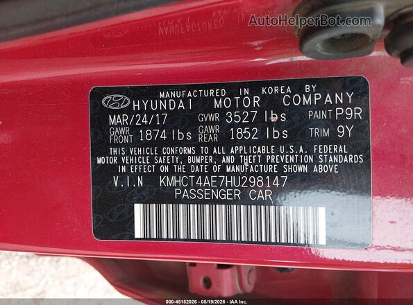 KMHCT4AE7HU298147 2017 HYUNDAI ACCENT Red Vista del compartimento del motor