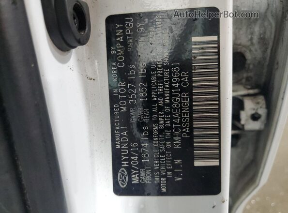 KMHCT4AE8GU149681 2016 HYUNDAI ACCENT White Widok naklejki z numerem VIN