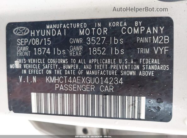 KMHCT4AEXGU014234 2016 HYUNDAI ACCENT Белый Вид подкапотного пространства
