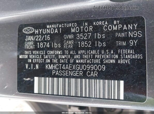 KMHCT4AEXGU099009 2016 HYUNDAI ACCENT Gray ძრავის განყოფილების ხედი