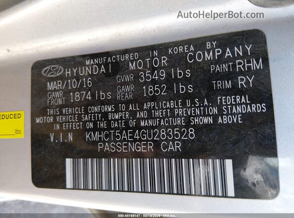KMHCT5AE4GU283528 2016 HYUNDAI ACCENT Silver Engine compartment view