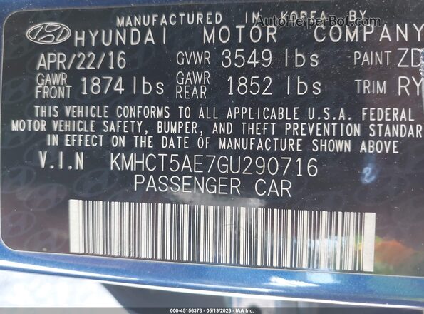KMHCT5AE7GU290716 2016 HYUNDAI ACCENT Blue Вид підкапотного простору