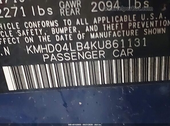 KMHD04LB4KU861131 2019 HYUNDAI ELANTRA Синий Вид подкапотного пространства
