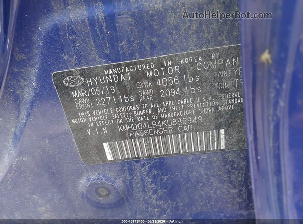 KMHD04LB4KU886949 2019 HYUNDAI ELANTRA Синий Вид подкапотного пространства