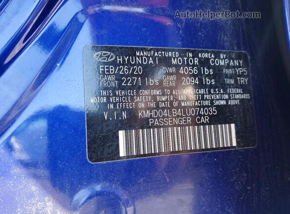 KMHD04LB4LU074035 2020 HYUNDAI ELANTRA Синий Вид подкапотного пространства