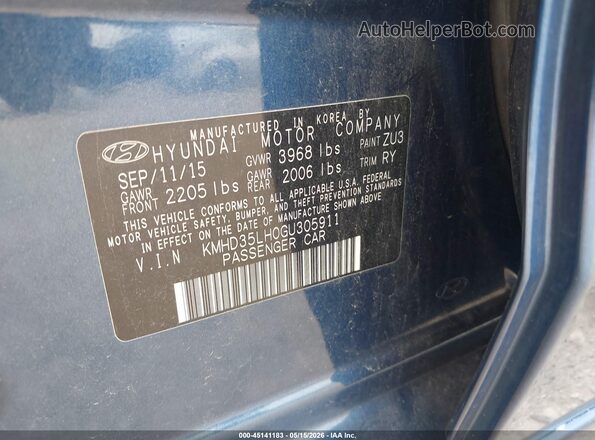 KMHD35LH0GU305911 2016 HYUNDAI ELANTRA GT Blue Вид підкапотного простору