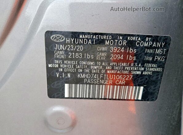 KMHD74LF1LU106227 2020 HYUNDAI ELANTRA Gray Engine compartment view