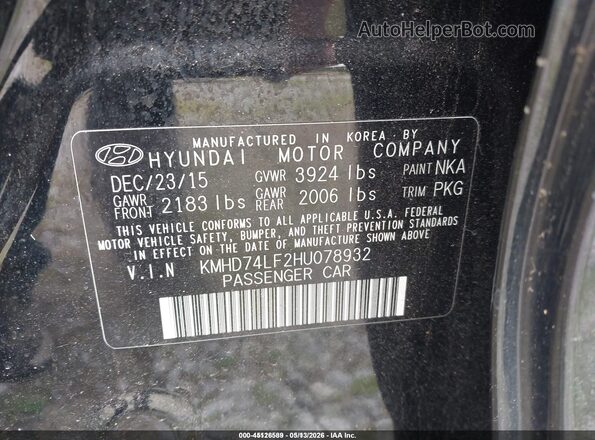 KMHD74LF2HU078932 2017 HYUNDAI ELANTRA Black Vista del compartimento del motor