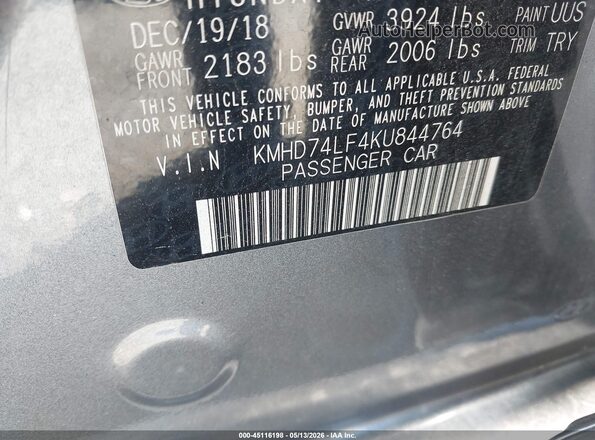 KMHD74LF4KU844764 2019 HYUNDAI ELANTRA Gray Вид підкапотного простору