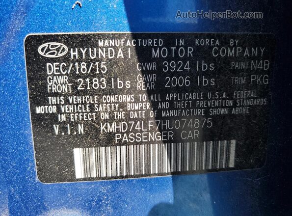 KMHD74LF7HU074875 2017 HYUNDAI ELANTRA Синий Вид подкапотного пространства