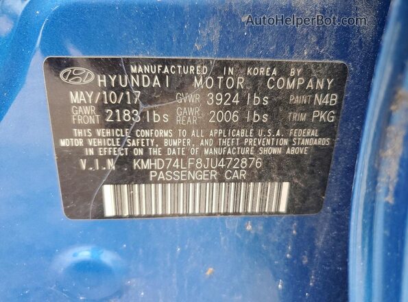 KMHD74LF8JU472876 2018 HYUNDAI ELANTRA Синий Вид подкапотного пространства