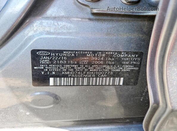 KMHD74LFXHU100773 2017 HYUNDAI ELANTRA Серый Вид подкапотного пространства