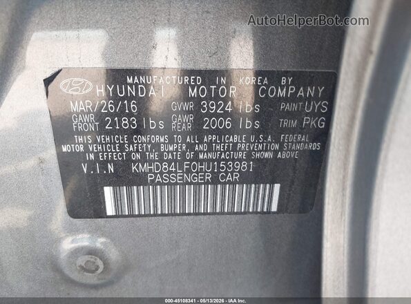 KMHD84LF0HU153981 2017 HYUNDAI ELANTRA Gray Вид підкапотного простору