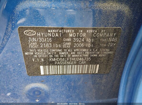 KMHD84LF1HU246735 2017 HYUNDAI ELANTRA Синий Вид подкапотного пространства