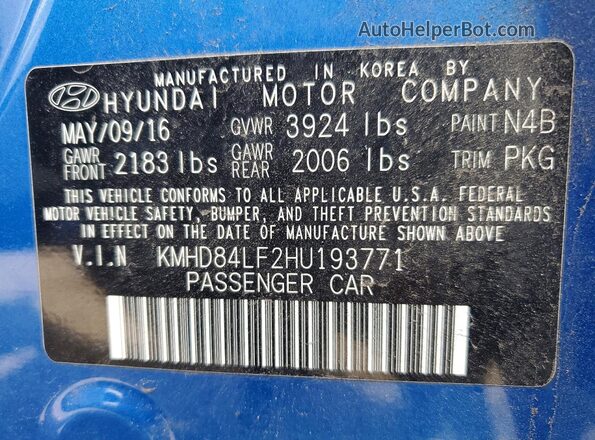 KMHD84LF2HU193771 2017 HYUNDAI ELANTRA Blue ძრავის განყოფილების ხედი