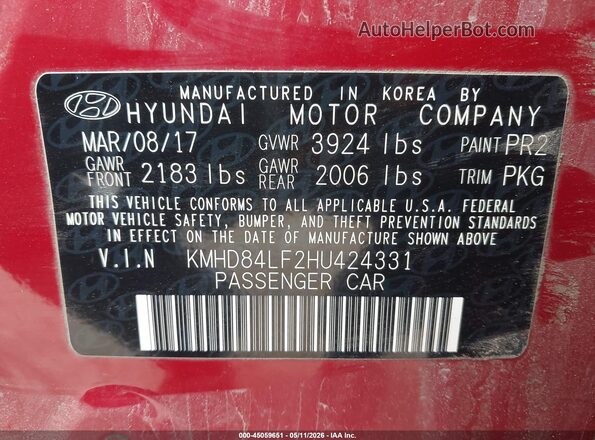KMHD84LF2HU424331 2017 HYUNDAI ELANTRA Red Vista del compartimento del motor
