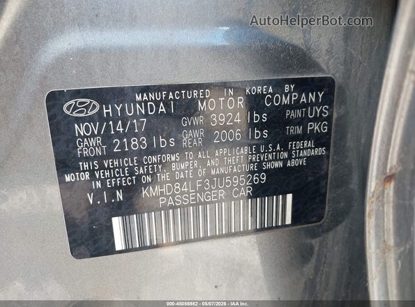 KMHD84LF3JU595269 2018 HYUNDAI ELANTRA Gray ძრავის განყოფილების ხედი