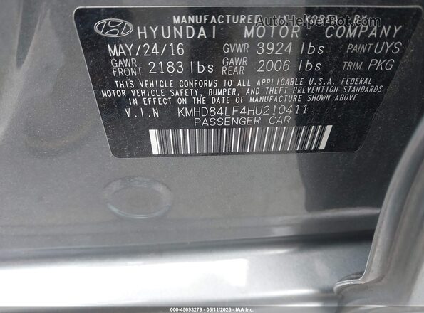 KMHD84LF4HU210411 2017 HYUNDAI ELANTRA Gray Vista del compartimento del motor