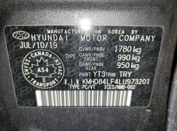 KMHD84LF4LU973201 2020 HYUNDAI ELANTRA Gray Вид наклейки з VIN-кодом