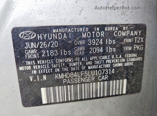 KMHD84LF5LU107314 2020 HYUNDAI ELANTRA Серебряный Вид подкапотного пространства