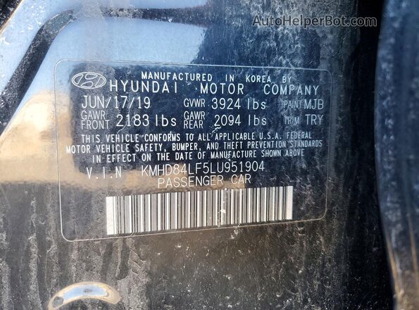 KMHD84LF5LU951904 2020 HYUNDAI ELANTRA Black ძრავის განყოფილების ხედი