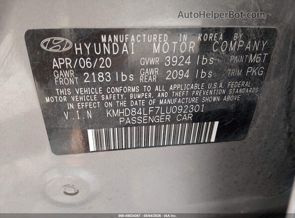KMHD84LF7LU092301 2020 HYUNDAI ELANTRA Gray Widok komory silnika