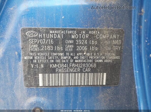 KMHD84LF8HU283068 2017 HYUNDAI ELANTRA Синий Вид подкапотного пространства