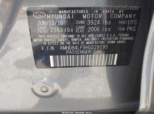 KMHD84LF9HU229195 2017 HYUNDAI ELANTRA Серый Вид подкапотного пространства