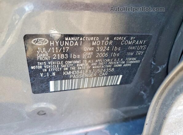 KMHD84LFXJU524358 2018 HYUNDAI ELANTRA Серый Вид подкапотного пространства