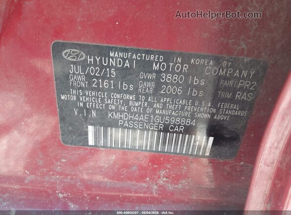 KMHDH4AE1GU598884 2016 HYUNDAI ELANTRA Красный Вид подкапотного пространства