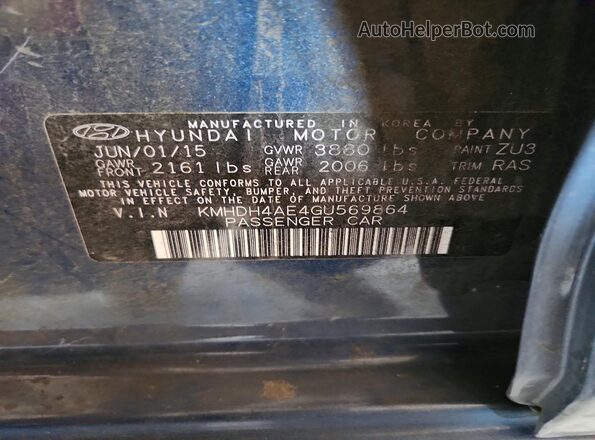 KMHDH4AE4GU569864 2016 HYUNDAI ELANTRA Синий Вид подкапотного пространства