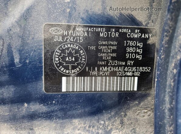 KMHDH4AE4GU618352 2016 HYUNDAI ELANTRA Синий Вид наклейки с VIN-кодом