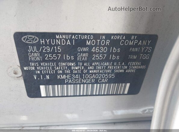 KMHE34L10GA020595 2016 HYUNDAI SONATA HYBRID Серебряный Вид подкапотного пространства