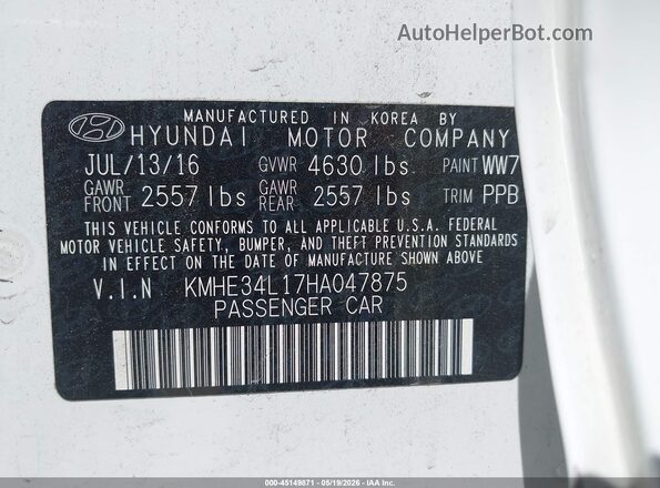KMHE34L17HA047875 2017 HYUNDAI SONATA HYBRID Белый Вид подкапотного пространства