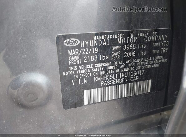 KMHH35LE1KU106012 2019 HYUNDAI ELANTRA GT Серый Вид подкапотного пространства