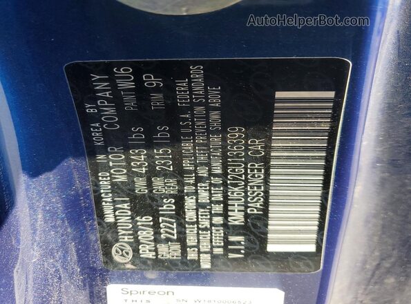KMHHU6KJ2GU136399 2016 HYUNDAI GENESIS Blue VIN կոդի պիտակի տեսք