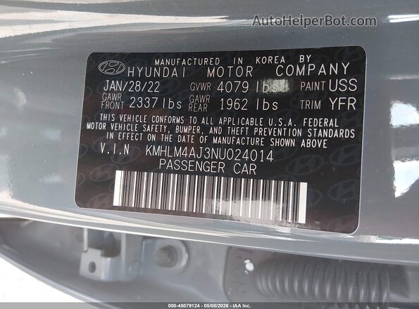 KMHLM4AJ3NU024014 2022 HYUNDAI ELANTRA HYBRID Gray Widok komory silnika