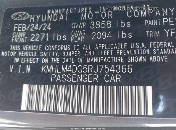 KMHLM4DG5RU754366 2024 HYUNDAI ELANTRA Gray Widok komory silnika