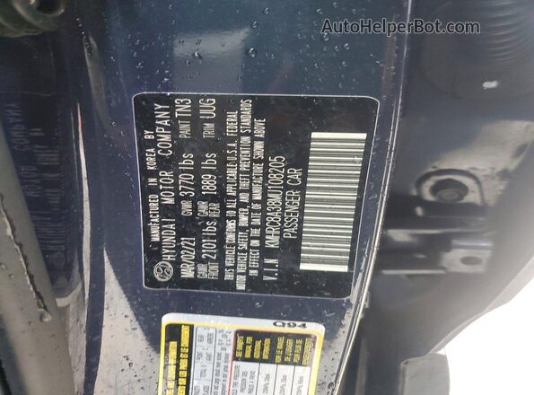 KMHRC8A38MU108205 2021 HYUNDAI VENUE Синий Вид наклейки с VIN-кодом