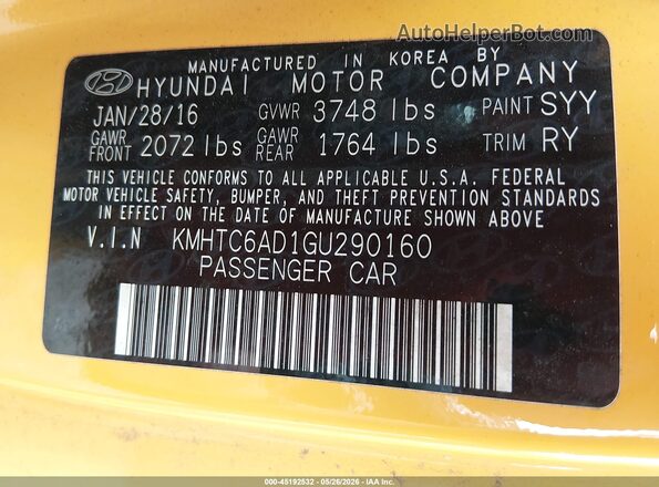 KMHTC6AD1GU290160 2016 HYUNDAI VELOSTER Желтый Вид подкапотного пространства