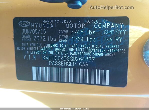 KMHTC6AD3GU264837 2016 HYUNDAI VELOSTER Yellow Շարժիչի բաժամունքի տեսք