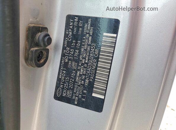 KMHTC6AD3GU283453 2016 HYUNDAI VELOSTER Silver VIN კოდის სტიკერის ხედი