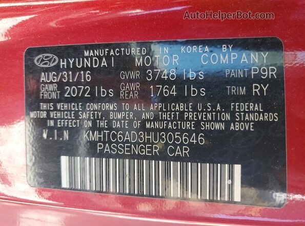 KMHTC6AD3HU305646 2017 HYUNDAI VELOSTER Red Vista de la etiqueta del VIN