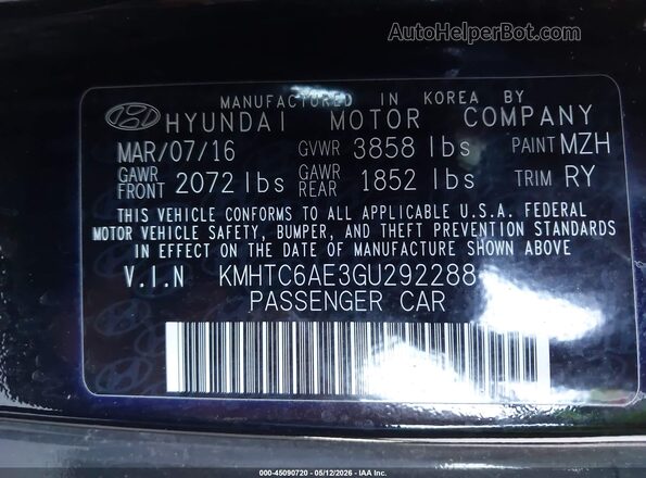 KMHTC6AE3GU292288 2016 HYUNDAI VELOSTER Black ძრავის განყოფილების ხედი